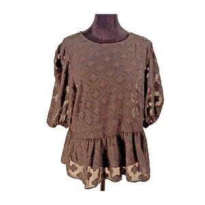 Black Gold Sheer Babydoll Sleeve Top Size S Ruffle Embroidered Holiday no tags